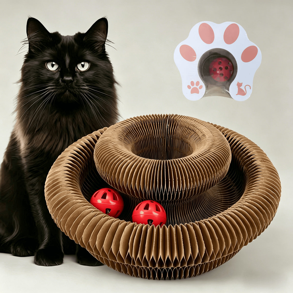 Corrugated Cardboard Cat Scratcher Bed with Interactive Bell Balls
