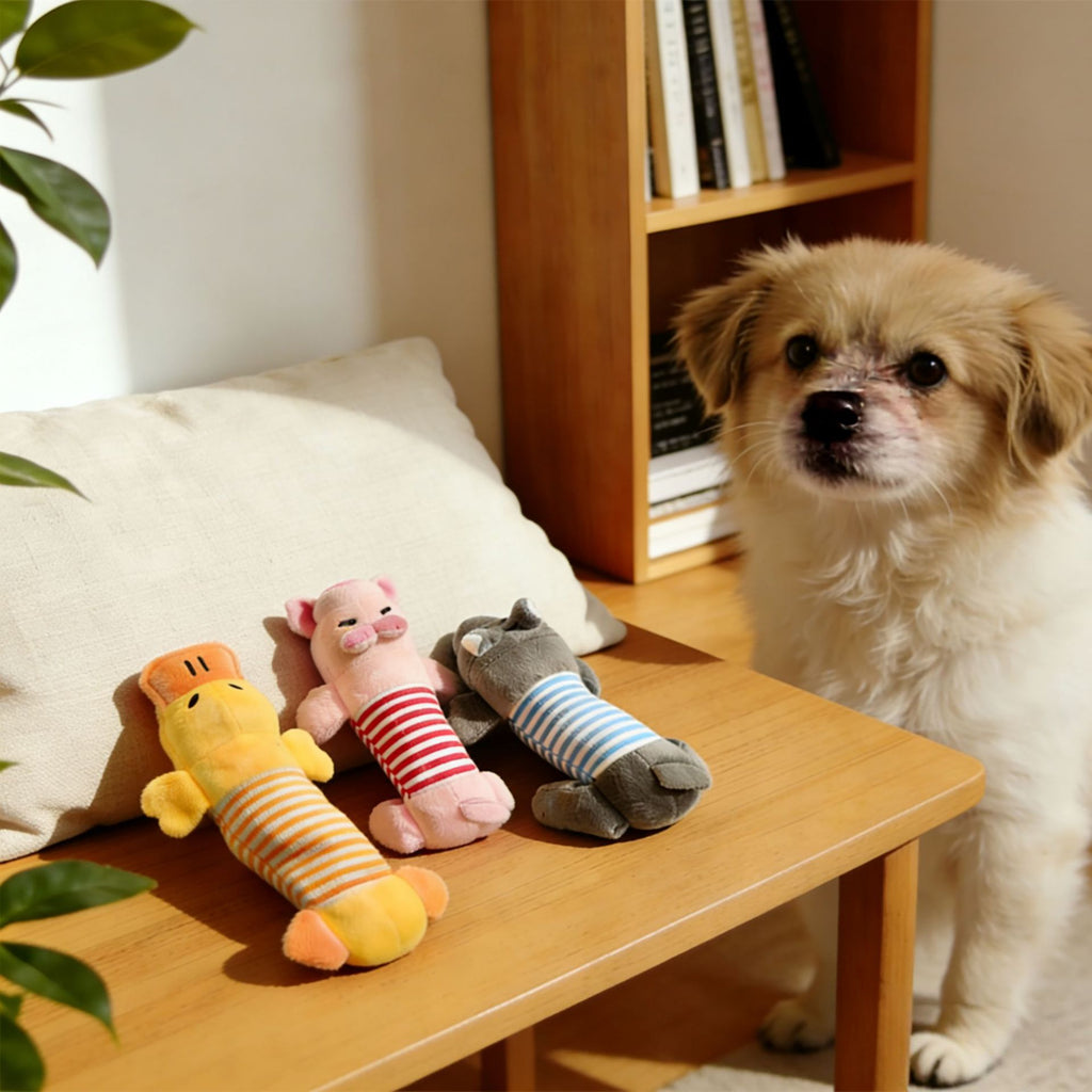 Striped Plush Animal Dog Toy for Chewing & Cuddling
