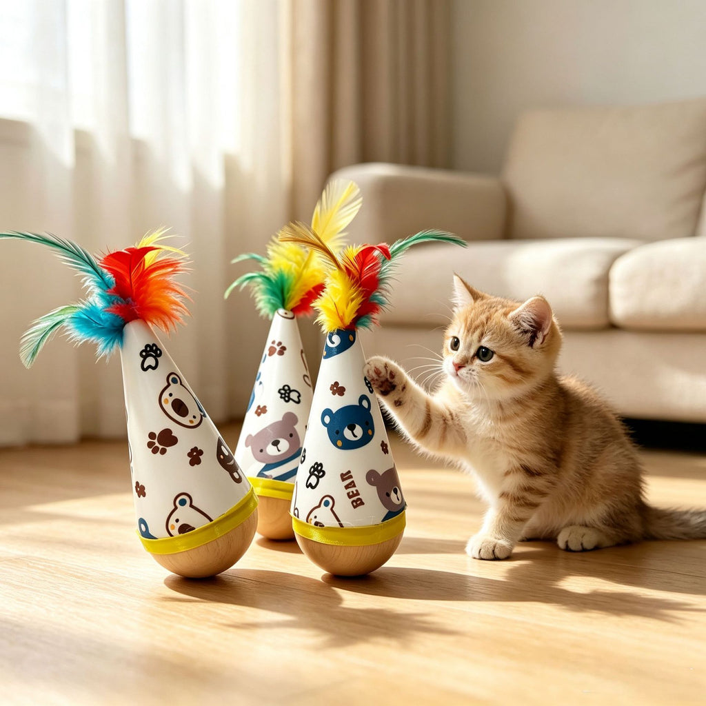 Interactive Wobble Feather Cat Toy with Self-Righting Base