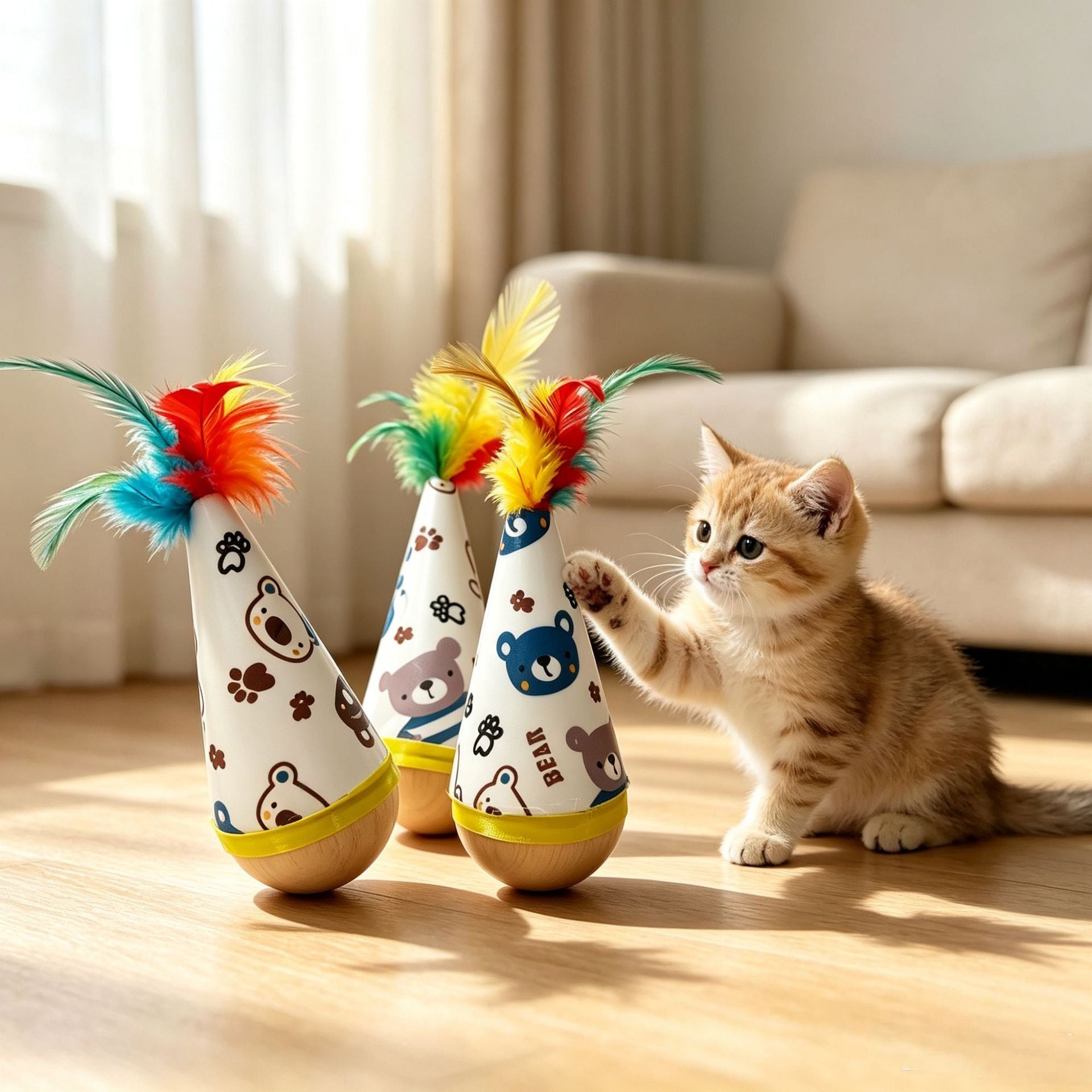Interactive Wobble Feather Cat Toy with Self-Righting Base